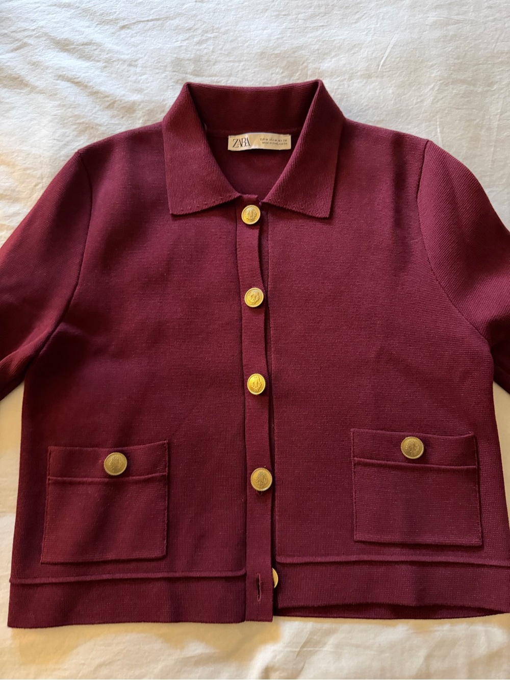 Zara Burgundy Collared Knit Cardigan with Gold Buttons